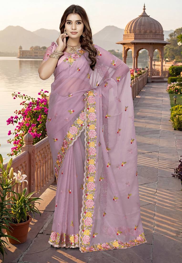 indian pink heavy resham embroidery work silk blend saree