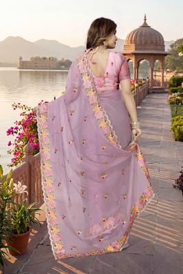 indian pink heavy resham embroidery work silk blend saree 2