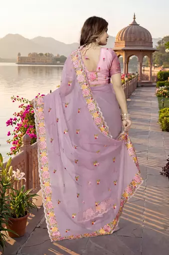 indian pink heavy resham embroidery work silk blend saree