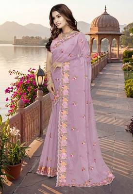 indian pink heavy resham embroidery work silk blend saree 3