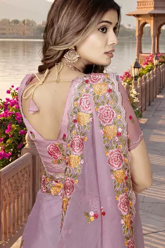 indian pink heavy resham embroidery work silk blend saree