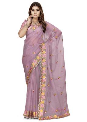 indian pink heavy resham embroidery work silk blend saree 5