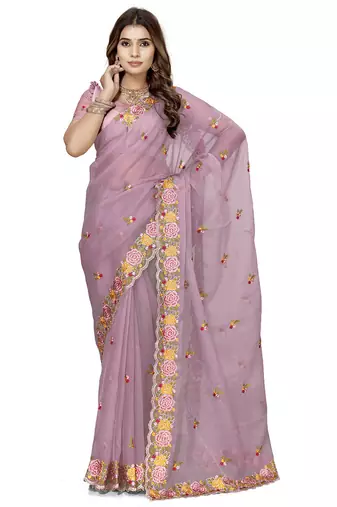 indian pink heavy resham embroidery work silk blend saree