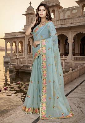indian sea green heavy resham embroidery work silk blend saree 1