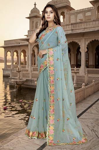 indian sea green heavy resham embroidery work silk blend saree