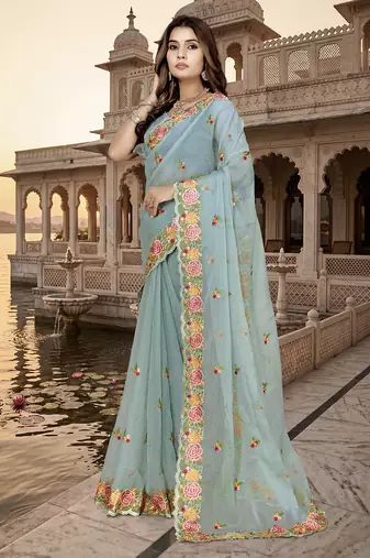 indian sea green heavy resham embroidery work silk blend saree