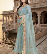 indian sea green heavy resham embroidery work silk blend saree