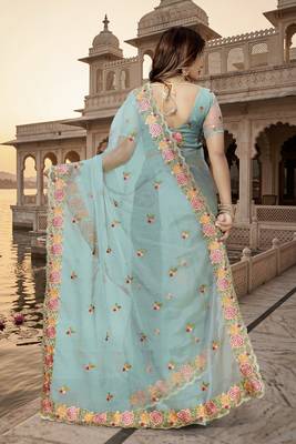 indian sea green heavy resham embroidery work silk blend saree 2