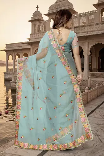 indian sea green heavy resham embroidery work silk blend saree