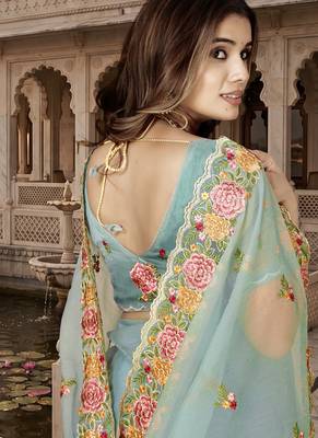 indian sea green heavy resham embroidery work silk blend saree 4