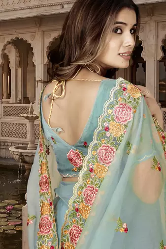 indian sea green heavy resham embroidery work silk blend saree