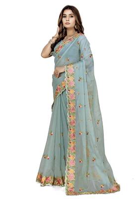 indian sea green heavy resham embroidery work silk blend saree 5