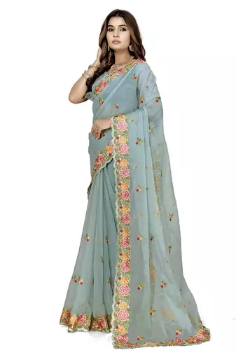 indian sea green heavy resham embroidery work silk blend saree