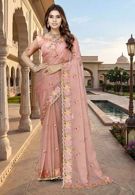 indian peach heavy resham embroidery work silk blend saree 1