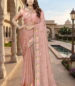 indian peach heavy resham embroidery work silk blend saree