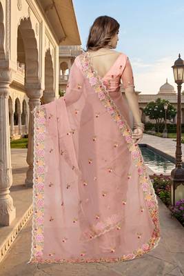 indian peach heavy resham embroidery work silk blend saree 2