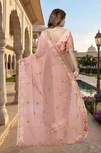 indian peach heavy resham embroidery work silk blend saree