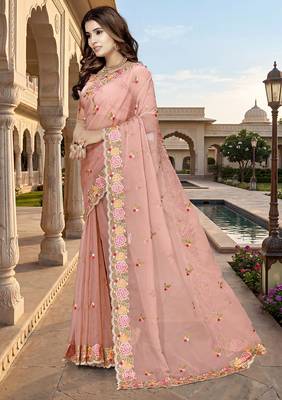 indian peach heavy resham embroidery work silk blend saree 3