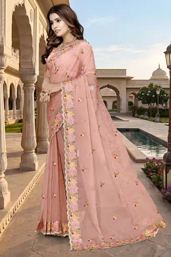 indian peach heavy resham embroidery work silk blend saree