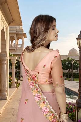 indian peach heavy resham embroidery work silk blend saree 4