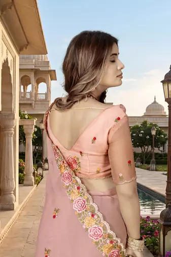 indian peach heavy resham embroidery work silk blend saree