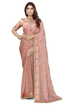 indian peach heavy resham embroidery work silk blend saree 5