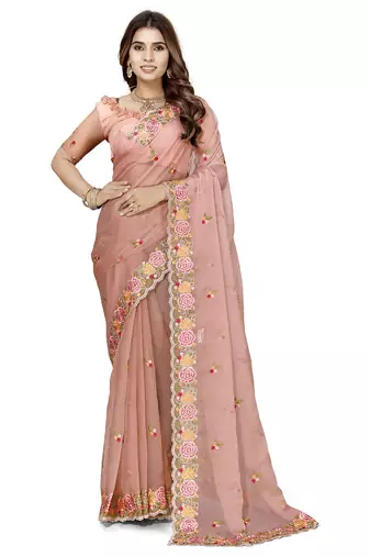 indian peach heavy resham embroidery work silk blend saree