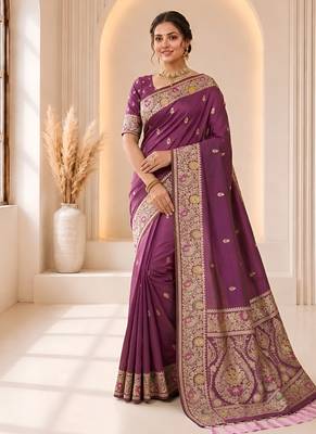 designer purple zari weaving border work banarasi silk blend saree 1