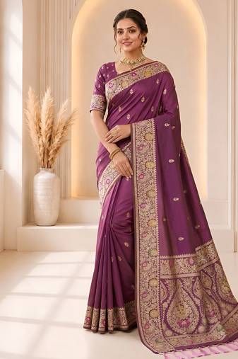designer purple zari weaving border work banarasi silk blend saree