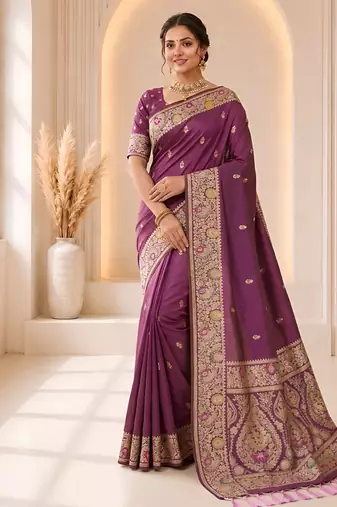 designer purple zari weaving border work banarasi silk blend saree