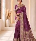 designer purple zari weaving border work banarasi silk blend saree
