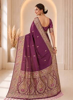 designer purple zari weaving border work banarasi silk blend saree 2