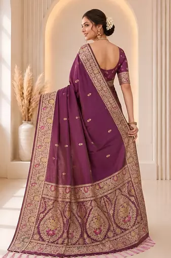 designer purple zari weaving border work banarasi silk blend saree