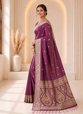 designer purple zari weaving border work banarasi silk blend saree 3