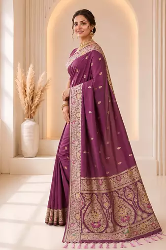 designer purple zari weaving border work banarasi silk blend saree