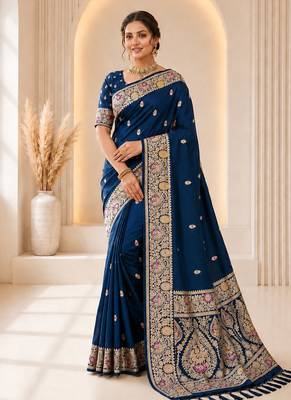 designer teal blue zari weaving border work banarasi silk blend saree 1
