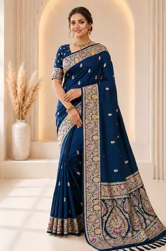 designer teal blue zari weaving border work banarasi silk blend saree
