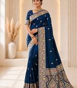 designer teal blue zari weaving border work banarasi silk blend saree
