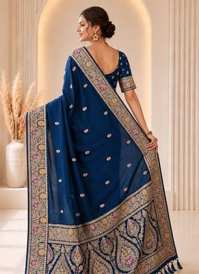designer teal blue zari weaving border work banarasi silk blend saree 2