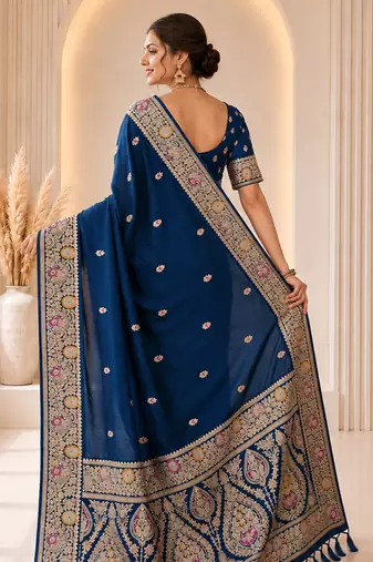 designer teal blue zari weaving border work banarasi silk blend saree