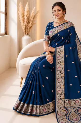 designer teal blue zari weaving border work banarasi silk blend saree