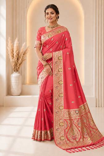 designer peach zari weaving border work banarasi silk blend saree