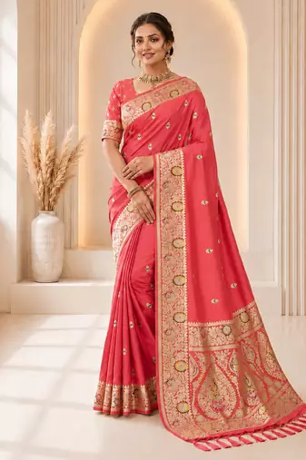 designer peach zari weaving border work banarasi silk blend saree