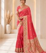 designer peach zari weaving border work banarasi silk blend saree