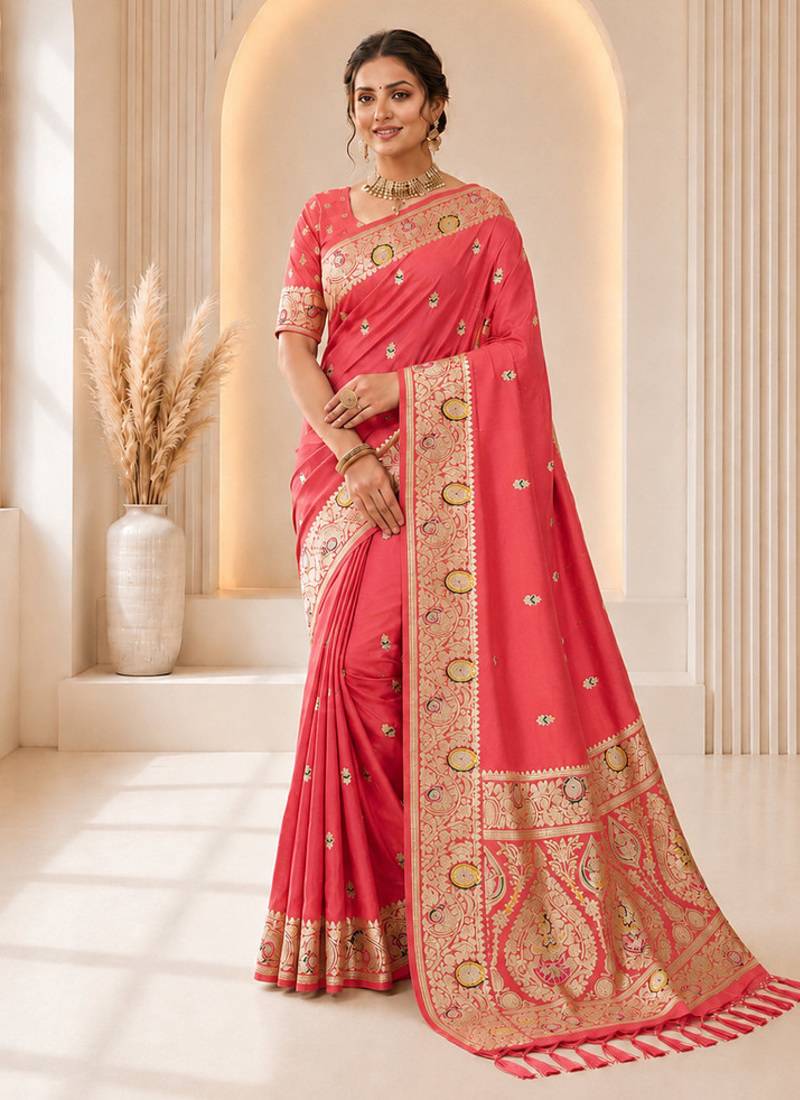 designer peach zari weaving border work banarasi silk blend saree