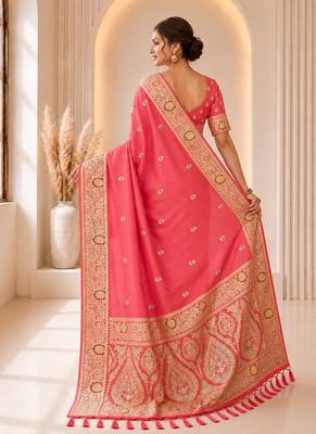 designer peach zari weaving border work banarasi silk blend saree 3