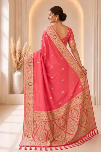 designer peach zari weaving border work banarasi silk blend saree