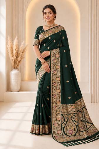 designer green zari weaving border work banarasi silk blend saree