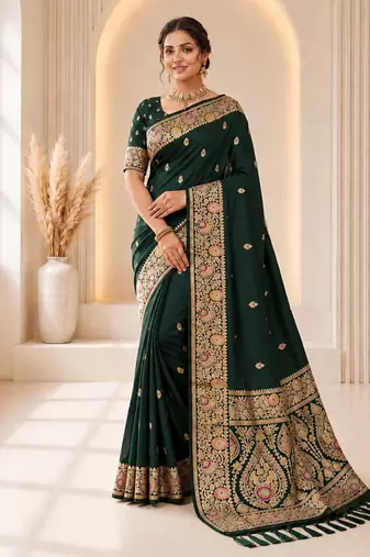designer green zari weaving border work banarasi silk blend saree