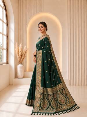 designer green zari weaving border work banarasi silk blend saree 2
